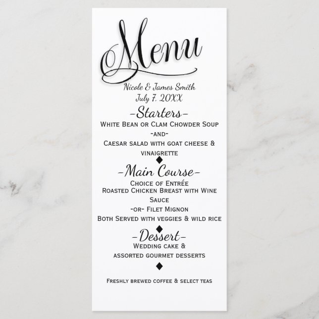Black & White Simple Elegant Wedding Menu Card (Front)
