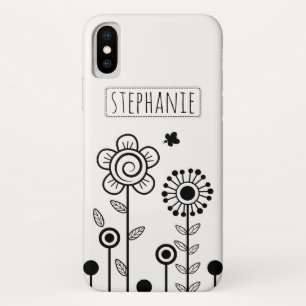 Black, white simple flowers and name floral iPhone x case
