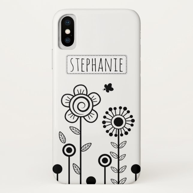 Black, white simple flowers and name floral Case-Mate iPhone case (Back)