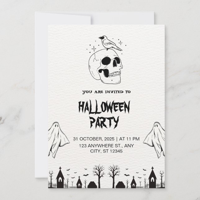 Black White Simple Halloween Party Virtual  Invitation (Front)
