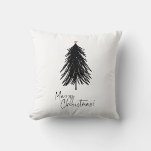 Black White Simple Merry Christmas Tree Cushion