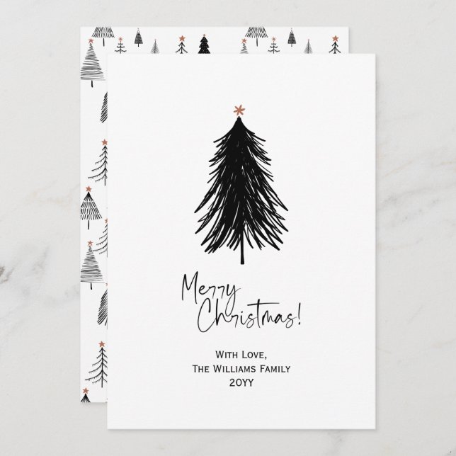 Black White Simple Merry Christmas Tree  Holiday Card (Front/Back)