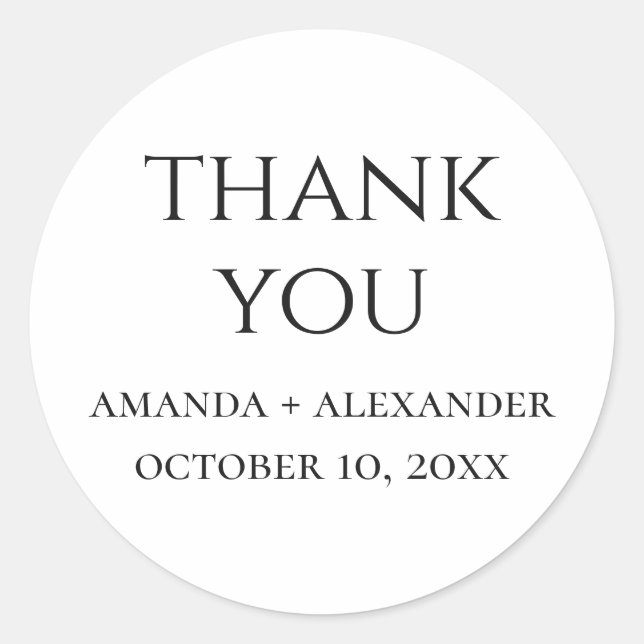 Black white simple minimalist wedding thank you classic round sticker (Front)
