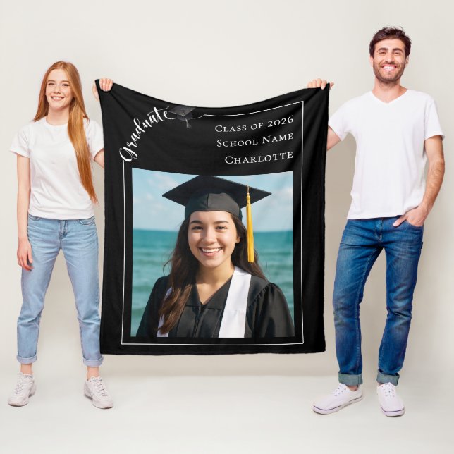 Black white simple modern photo Graduate Fleece Blanket (In Situ)