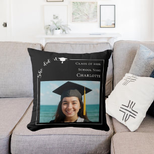 Black white simple photo She did it Graduate Cushion