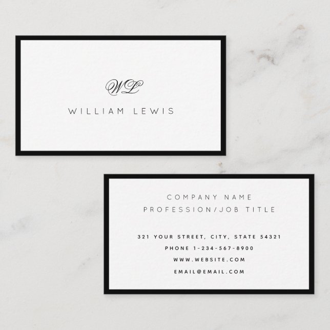 Black & White Simple Script Monogram Minimalist  Business Card (Front/Back)