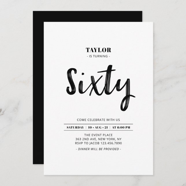 Black & White Simple Sixty 60th Birthday Party Invitation (Front/Back)