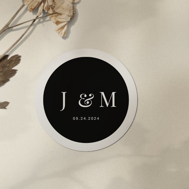 Black White Simple Typography Monogram Wedding Classic Round Sticker (Creator Uploaded)