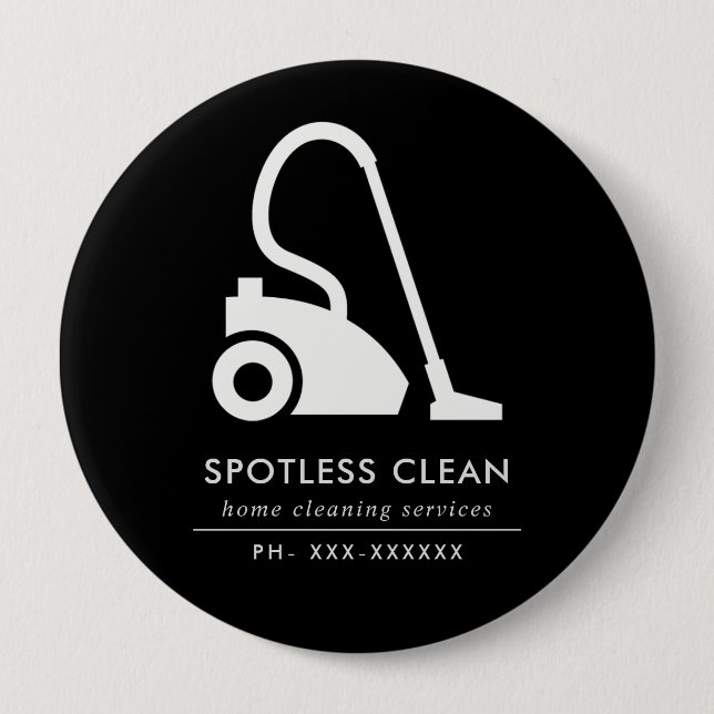 BLACK WHITE SIMPLE VACUUM CLEANER CLEANING SERVICE 10 CM ROUND BADGE (Front)