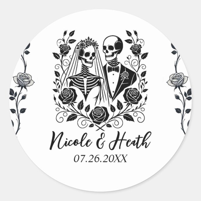 Black White Skeleton Floral Rose Vine Wedding  Classic Round Sticker (Front)