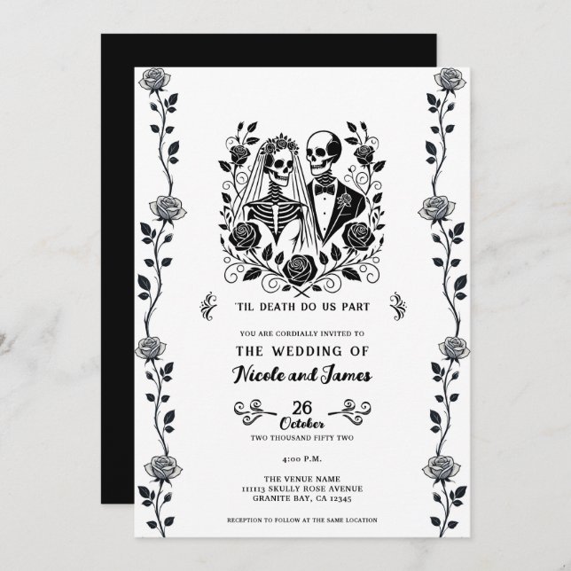 Black White Skeleton Floral Rose Vine Wedding  Invitation (Front/Back)