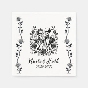Black White Skeleton Floral Rose Vine Wedding  Napkin
