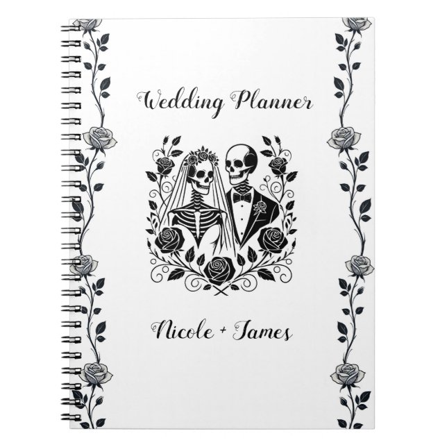 Black White Skeleton Floral Rose Vine Wedding   Notebook (Front)