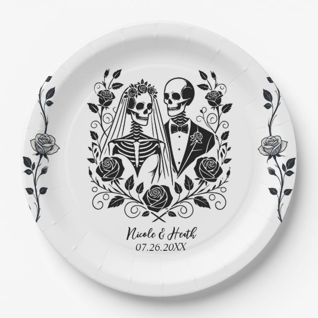 Black White Skeleton Floral Rose Vine Wedding  Paper Plate (Front)