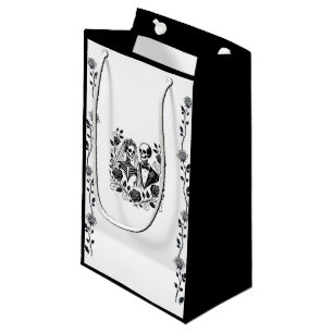 Black White Skeleton Floral Rose Vine Wedding Small Gift Bag
