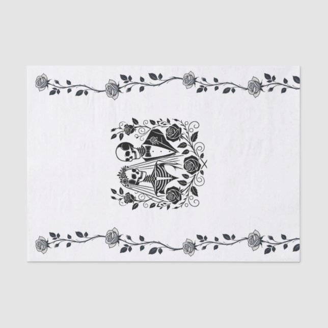 Black White Skeleton Floral Rose Vine Wedding  Tissue Paper (Front)