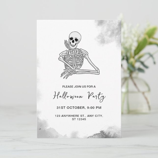 Black & White Skeleton Halloween Party Invitation (Standing Front)