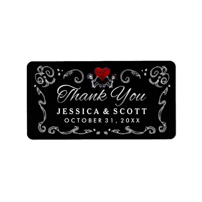 Black White Skeleton & Heart Wedding Thank You Label (Front)