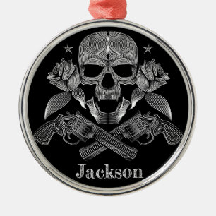 Black & White Skull and Guns Metal Tree Decoration