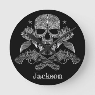 Black & White Skull and Guns Round Clock