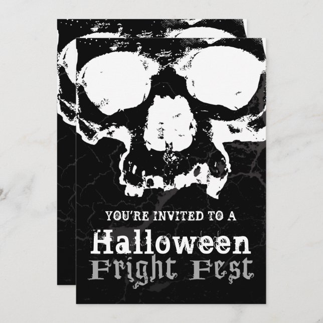 Black & White Skull Grungy Halloween Fright Party Invitation (Front/Back)