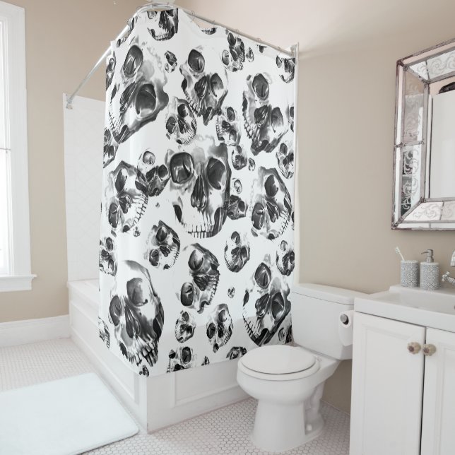 Black & White Skulls Skeleton Skull Art Pattern Shower Curtain (In Situ)