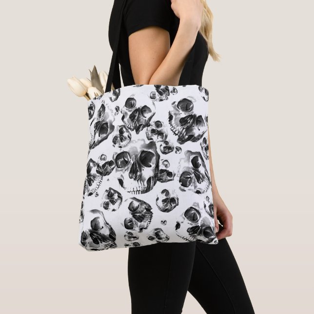 Black & White Skulls Skeleton Skull Art Pattern Tote Bag (Close Up)
