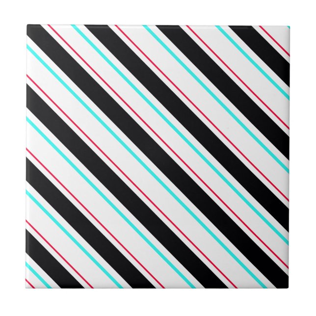 Black White Slanted Regimental Stripe Lines Ceramic Tile (Front)