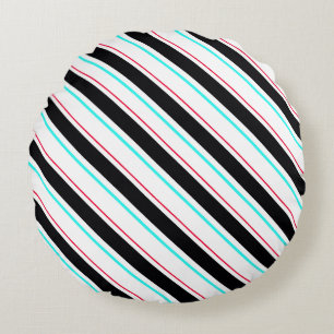 Black White Slanted Regimental Stripe Lines Round Cushion