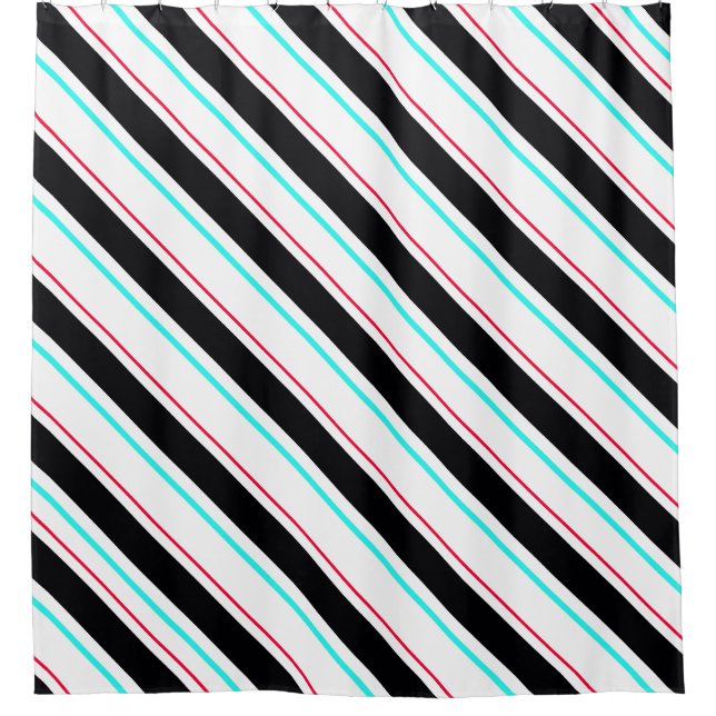 Black White Slanted Regimental Stripe Lines Shower Curtain (Front)