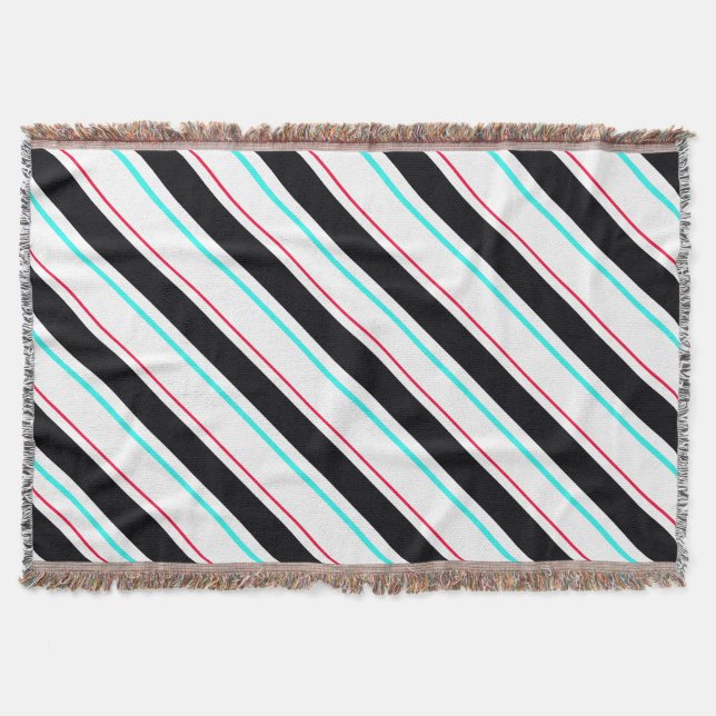 Black White Slanted Regimental Stripe Lines Throw Blanket (Front)