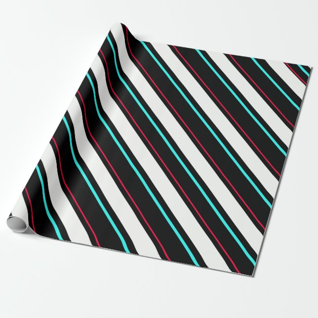 Black White Slanted Regimental Stripe Lines Wrapping Paper (Unrolled)