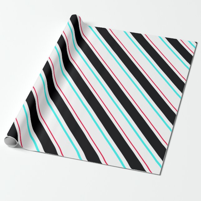 Black White Slanted Regimental Stripe Lines Wrapping Paper (Unrolled)
