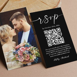 Black White Small Vertical Wedding RSVP QR Code Enclosure Card