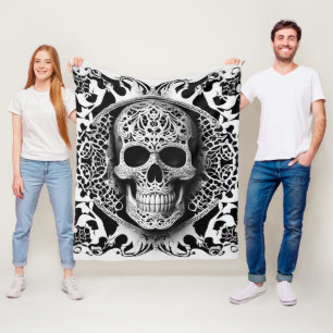 Black & White Smiling Lace Skull Gothic Fleece Blanket