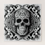 Black & White Smiling Lace Skull Jigsaw Puzzle<br><div class="desc">Take a walk on the dark side with this beautiful black and white lace filigree smiling skull puzzle. Use it at Halloween,  for the Day of the Dead,  or keep it up for a conversation piece all year long. Created by Simply Farmhouse Press.</div>