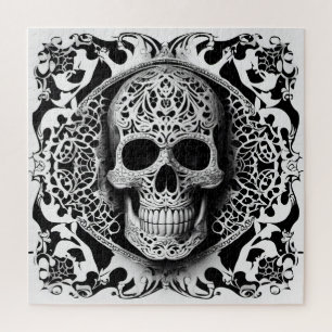 Black & White Smiling Lace Skull Jigsaw Puzzle