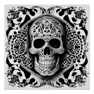 Black & White Smiling Lace Skull Poster