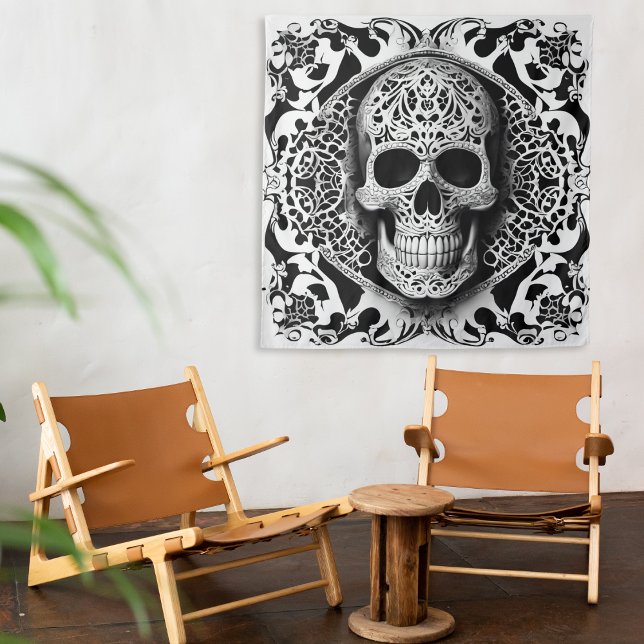 Black & White Smiling Lace Skull Tapestry (Creator Uploaded)