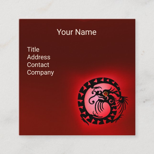 BLACK WHITE SNAKE DRAGON RED RUBY Gemstone Square Business Card (Front)