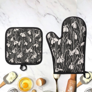 Black & White Snowdrop Pattern Oven Mitt & Pot Holder Set