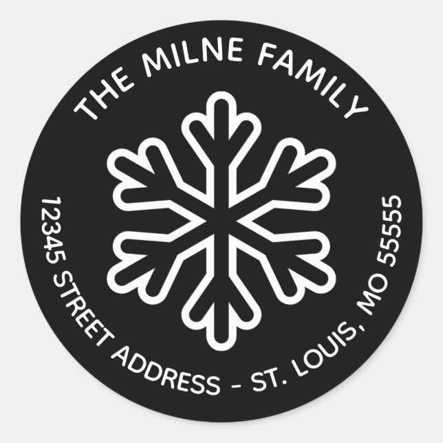 Black & White Snowflake - Circle Return Address Classic Round Sticker (Front)