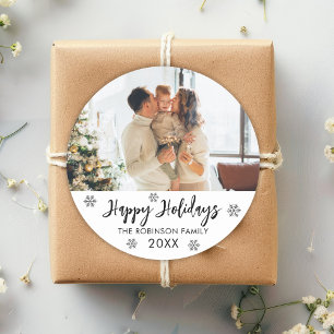 Black White Snowflake Family Photo Happy Holidays Classic Round Sticker