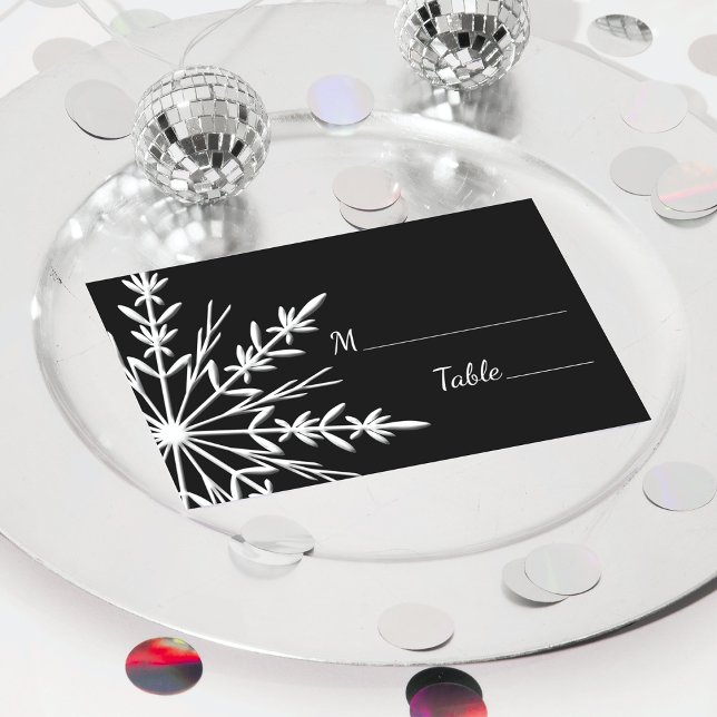 Black White Snowflake Winter Wedding Place Cards (Set a festive table with the wintery Black and White Snowflake Winter Wedding Place Card.)