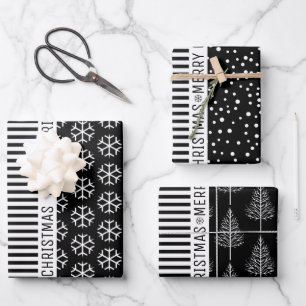 Black white snowflakes Christmas trees and stripes Wrapping Paper Sheet
