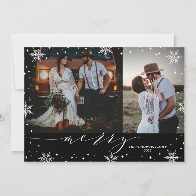 Black & White Snowflakes Merry 2 Photos Christmas  Card (Front)