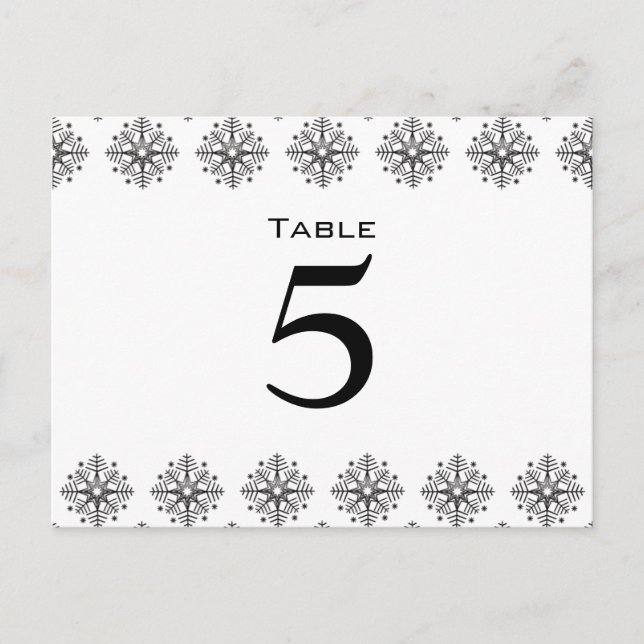Black + white snowflakes wedding table number postcard (Front)