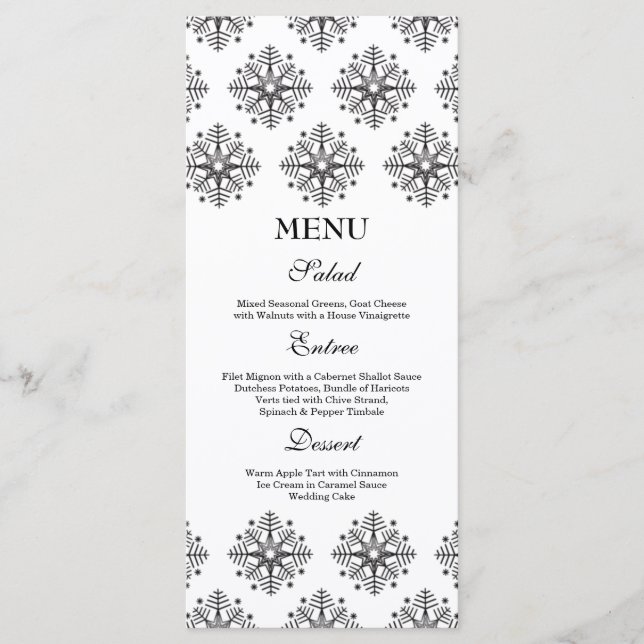 Black + white snowflakes winter wedding food menu (Front)