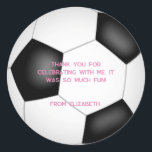 black white soccer ball kids birthday party classic round sticker<br><div class="desc">These cute soccer themed birthday party thank you stickers are fully customisable and feature the realistic image of a soccer ball that has black and white panels - personalise with your custom text in your preferred colour,  currently pink - by katz_d_zynes</div>