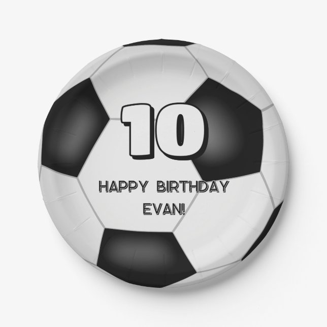 black white soccer ball kids birthday party paper plate (Front)